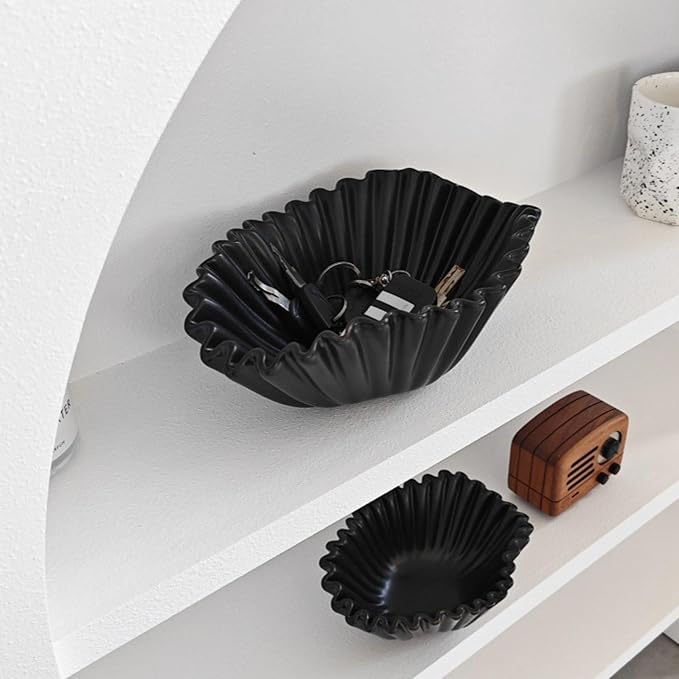 9.45 Inch Decorative Bowl, Black Modern Ceramic Decorative Bowl for Kitchen Counter Dining Table Centerpiece,Ruffle Ceramic Fruit Bowl Key Bowl Candy Bowl Farmhouse Home Decor