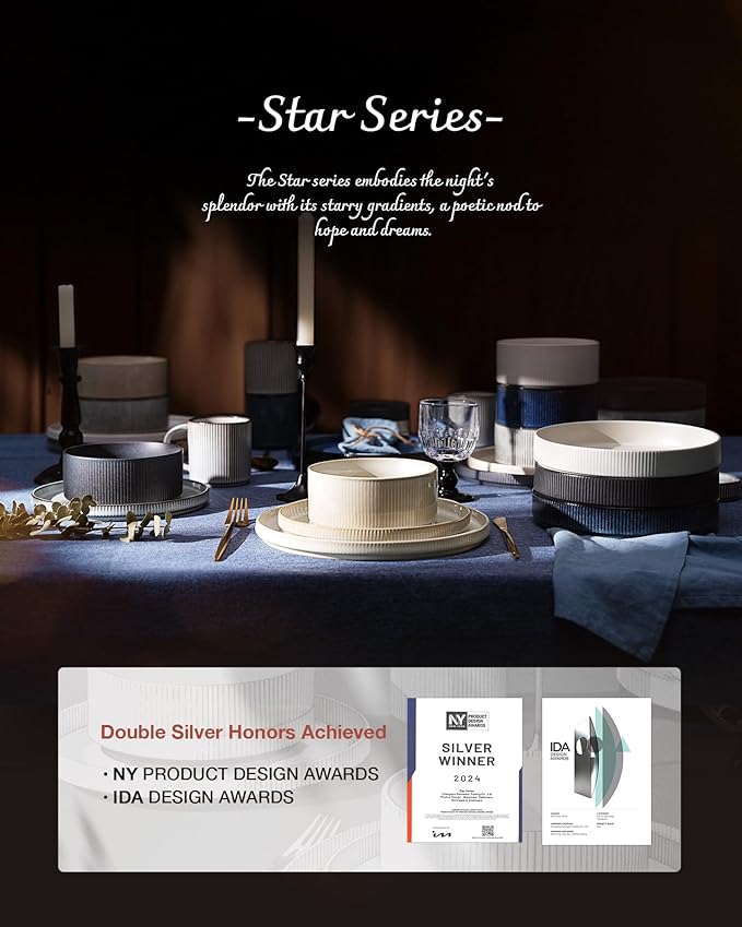 Famiware Star Plates and Bowls Sets, Modern Stoneware Dinnerware Sets for 8, 24-Piece Kitchen Dish Set - Microwave and Dishwasher Safe, Chip and Scratch Resistant, Cappuccino White