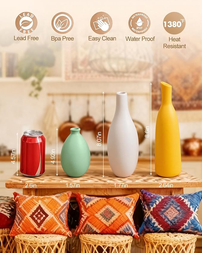 Boho Ceramic Vase Set of 3,Modern Aesthetic Vase for Home Decor,Table Living Room,Coffee Table,Mantel Entryway Shelf Kitchen Bathroom
