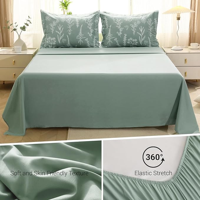 MUXHOMO King Comforter Set 7 Pieces, Sage Green Elegant Floral Print Bed in a Bag King, Ultra Soft & Breathable Reversible Botanical Pattern Bedding Set with Comforter, Sheets, Pillowcases, and Shams