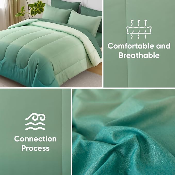King Size Comforter Set - 7 Pieces Soft Sage Green Bed in a Bag with Fitted Sheet, Flat Sheet, 2 Pillow Shams, and 2 Pillowcases - Warm Bed Set for All Season