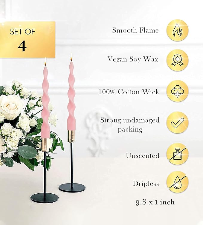 9.8" Pink Tall Taper Candle Sticks Dripless Taper Candle Handmade from Vegan Soy Wax for Holiday Wedding Party Home Dinner Decoration Party and Any Occasion,Set of 4(Pink)