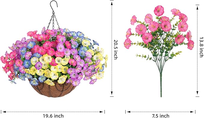 Artificial Faux Hanging Flowers Plants Baskets for Outdoors, Fake Silk Morning Glory in Planter UV Resistant Realistic Artificial Flower for Outside Porch Patio Balcony Garden Yard Home Decor