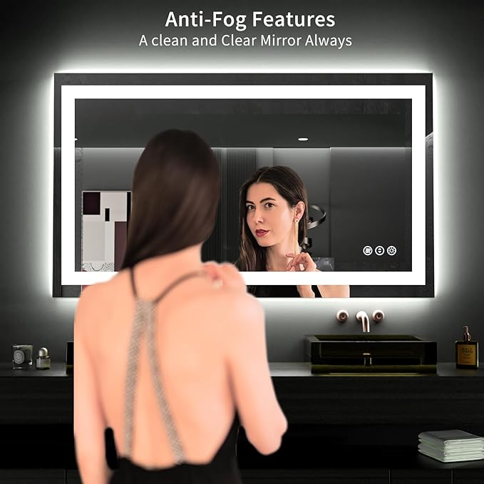 LOAAO 48"X28" LED Bathroom Mirror with Lights, Anti-Fog, Dimmable, Backlit + Front Lit, Lighted Bathroom Vanity Mirror for Wall, Memory Function, Tempered Glass, ETL Listed