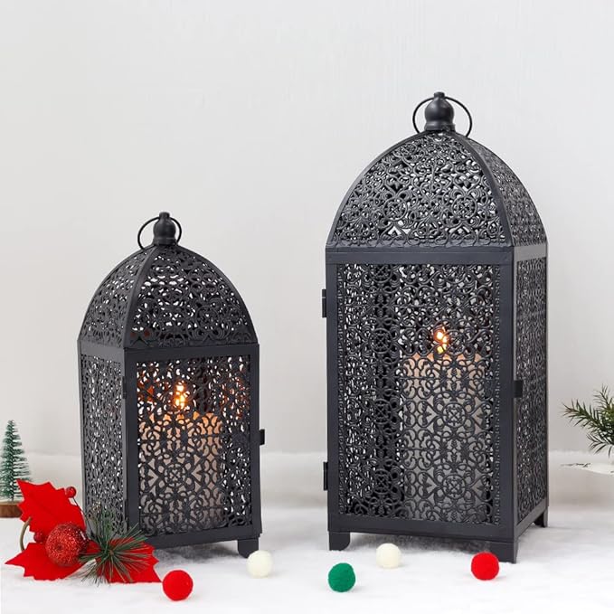 TRIROCKS Set of 2 Vintage Decorative Candle Lantern 12''&16.5'' High Metal Candle Holder Hanging Lantern with Hollow Pattern for Living Room Garden Parties Events Indoors Outdoors(Black)