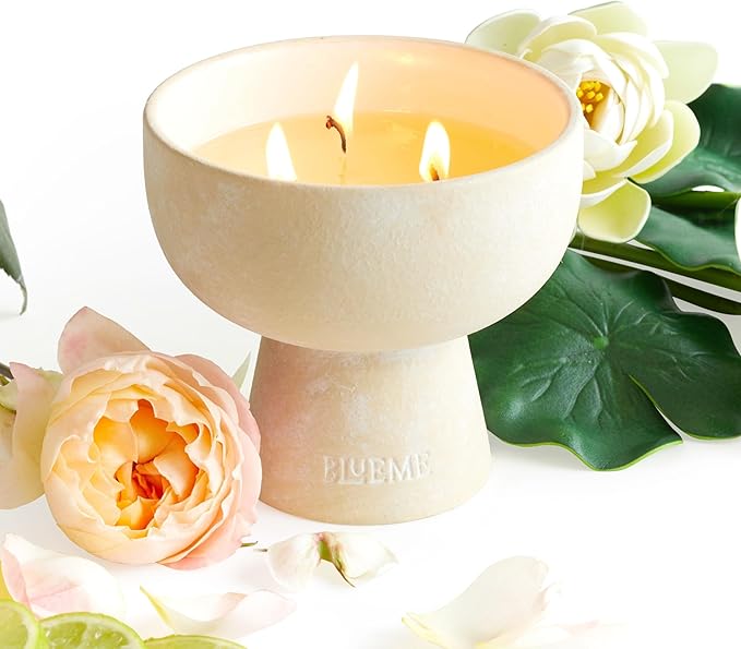 BLUEME Balance - White Lotus & Tea, Luxury Candle w/Essential Oils, 3 Wick, Hand-Poured Soy, Cotton Wick, Ceramic