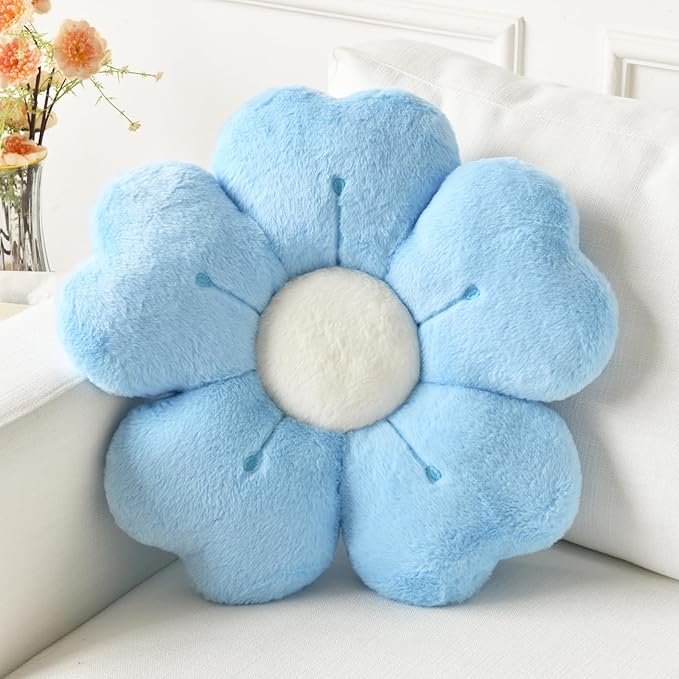 Flower Pillow, Flower Shaped Pillow Decorative Throw Pillows for Bed Couch, Cute Daisy Pillow Dorm Decor Floor Seating Cushion (Blue, 15 Inches)