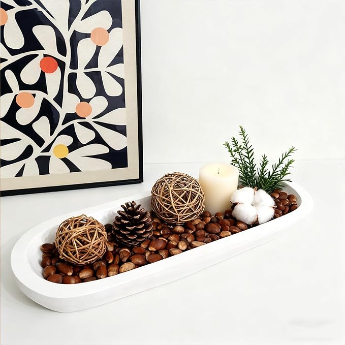 Wooden Dough Bowls Decorative，Rustic Bread Long Bowls Decor Wood Tray, Hand Carved For Table Centerpiece Decor, Home Decor(20 * 6 * 2 inch white)