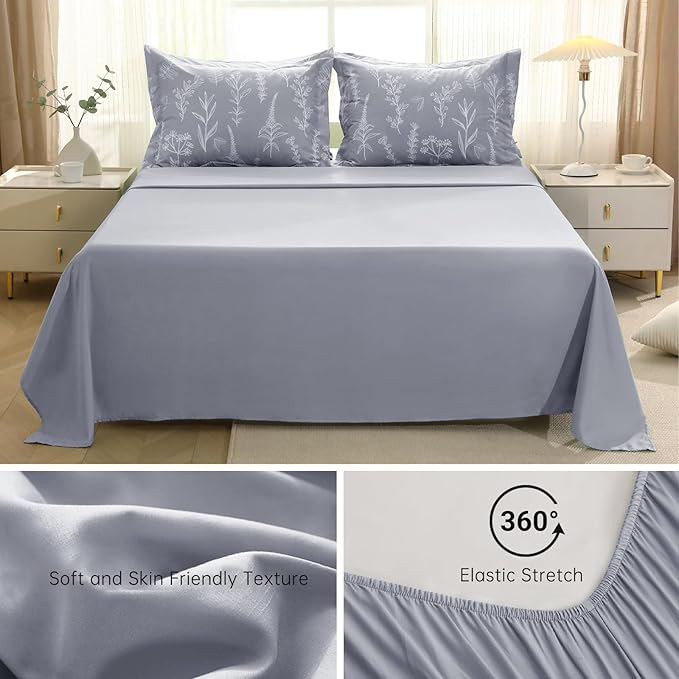 MUXHOMO Light Grey Full Comforter Set, Elegant Floral Print Bed in a Bag 7 Pieces, Ultra Soft & Breathable Reversible Botanical Pattern Bedding Set with Comforter, Sheets, Pillowcases, and Shams