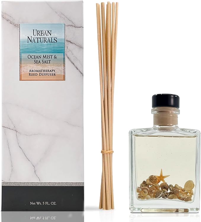 Urban Naturals Ocean Mist & Sea Salt Reed Diffuser Set – Made with Essential Oils & Real Botanicals – Sleek Rectangular Refillable Glass Bottle – Made in The USA