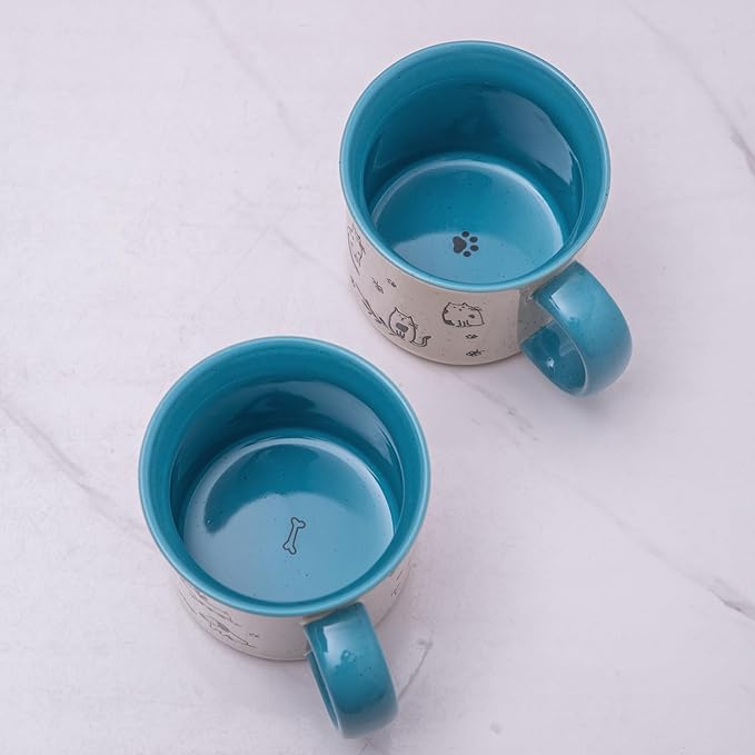 AmorArc 22 OZ Large Ceramic Coffee Mugs Set of 2, Oversized Mugs With Big Handle for Men Women Dad Mom, Big Mug With Textured Dogs Cats Patterns for Office & Home -Microwave Safe, 2 Pcs-Blue