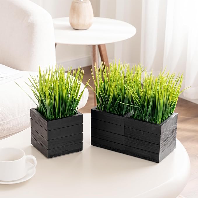 MyGift Artificial Green Grass Plants in Vintage Black Wood 4 Inch Planter Boxes, Faux Greenery in Decorative Square Crate Style Wooden Containers, Set of 3