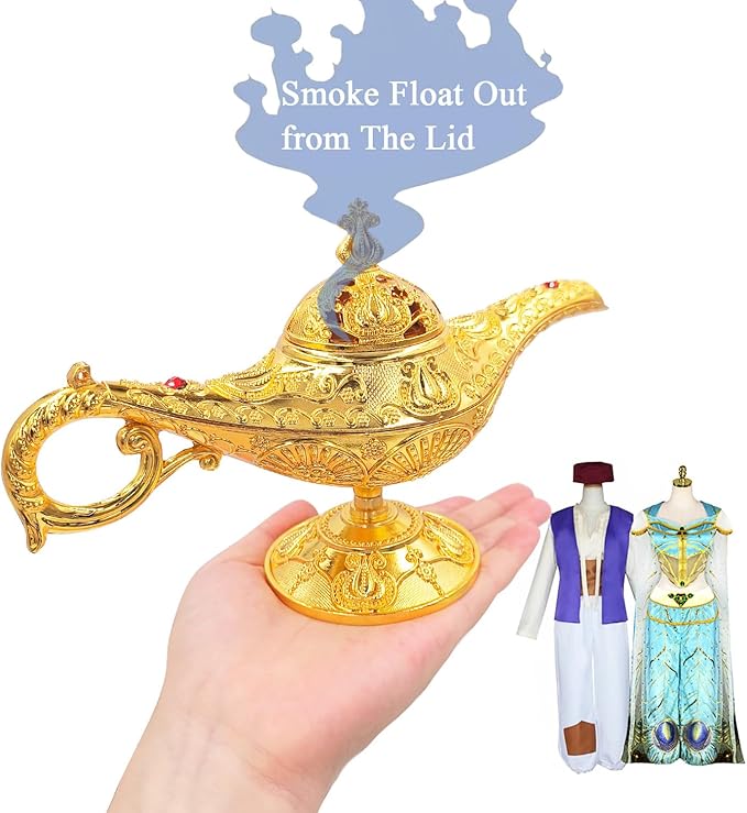 Vintage Aladdin Genie Lamp Cone Incense Holder,Legend Magic Lamp Incense Burner Arabian Costume Props,Wishing Light for Home Decor Birthday Party Wedding Gold