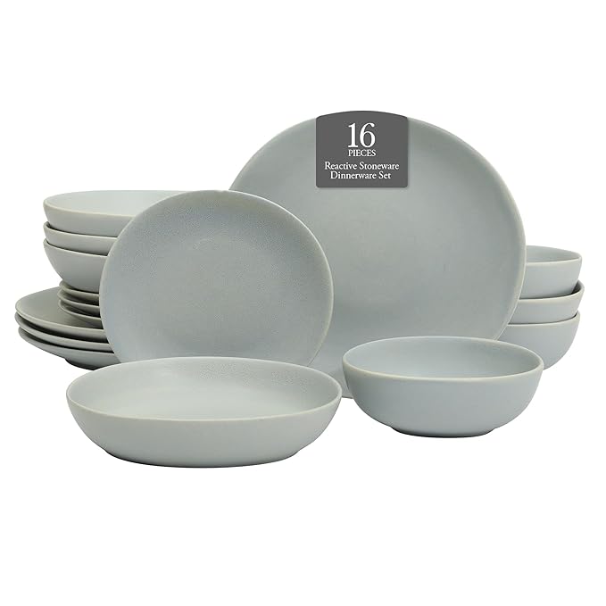Gibson Elite Zion Mist 16 Piece Stoneware Reactive Glaze (Service for 4) Ceramic Plates and Bowls Modern Organic Dinnerware Set - Blue