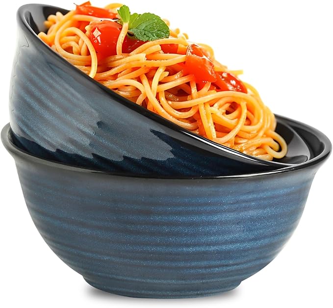 MEKY Ceramic Mixing Bowls Set of 2, 84OZ Large Nesting Salad Bowls - Perfect for Cooking, Baking, Soup, Pasta, Fruit and Popcorn, Deep Bowls Ideal for Microwave and Dishwasher Safe, Blue