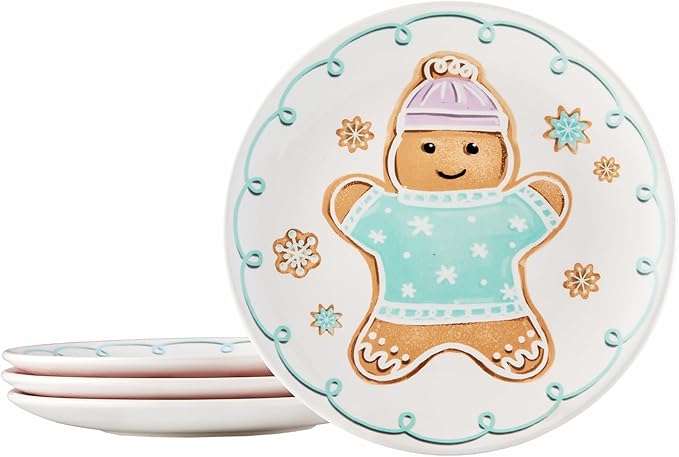 Bico Pastel Gingerbread Man Ceramic 8.75 inch Holiday Salad Plates Set, Set of 4, for salad, appetizer, tapas, Microwave and Dishwasher Safe, Scratch Resistant