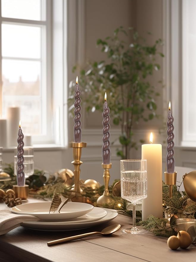 Brown Spiral Taper Dinner Candles Conical Stick Candles Wax Unscented Dinner Candle Dripless for Home Decor, Relaxation 7.6inch,Set of 4（Brown）