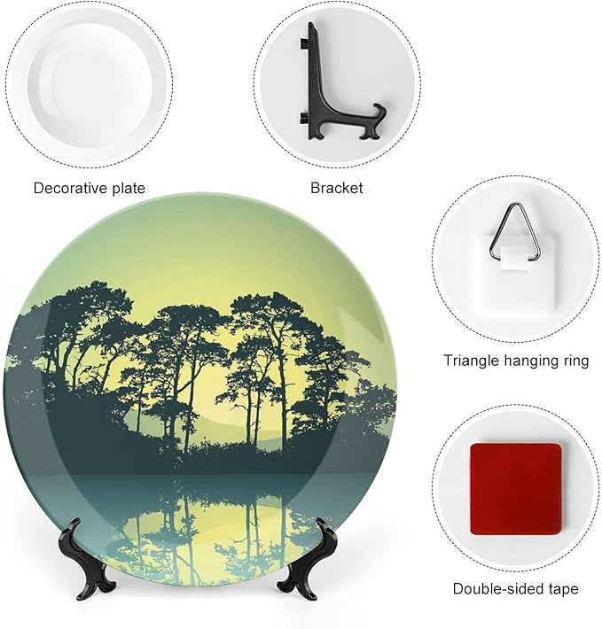 10 Inch Decorative Plate,Mystic Forest Ceramic Stoneware, Trees Abstract Mountain View and Lake River Print Ceramic Display Plate for Decorative Ornaments Giving Plates, 1 Plate with 1 Display Stand