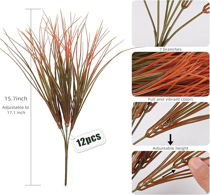 Artificial Fall Plants for Outdoors,Fake Grass Plant,Fall Leaf Stems,UV Resistant Greenery Fake Bushes Artificial Shrubs Wheat Grass Greenery Burnt Orange Plant Filler for Autumn House (Orange)