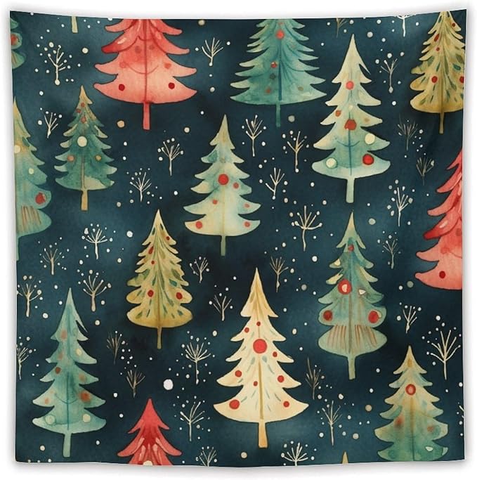 Tapestry Wall Hanging Vintage Christmas Tree Watercolor Tapestry Christmas Holiday Tapestry Aesthetic Wall Art Decor for Bedroom Living Room Dorm 60"x60" Tapestries Winter Snowflake Decorative