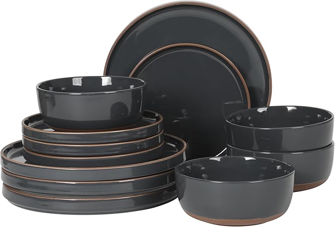 Gibson Elite Northrock Stoneware Dinnerware Set, 16-Piece Service for 4 Plates and Bowls Set – Charcoal Blue Dishes with Hand-Painted Terracotta Base