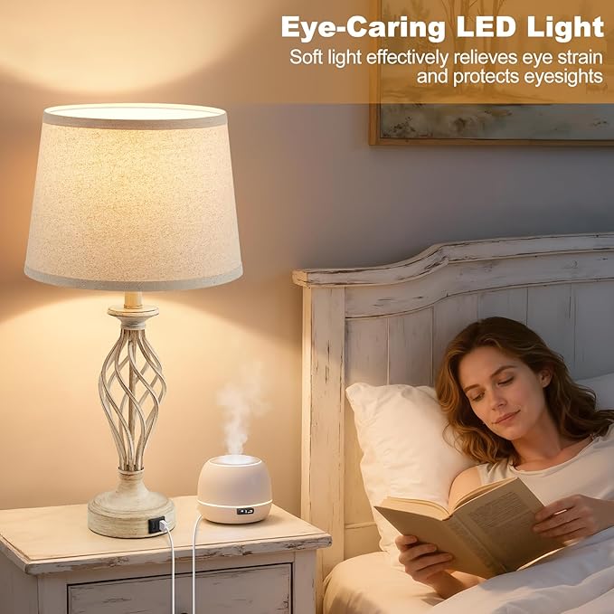 Bedside Table Lamp for Bedroom Set of 2 - Beige Nightstand Lamps with USB C+A Ports,Rustic Distressed Farmhouse Bedroom Lamp - Lamp for Living Room Reading Bed Side End Table Bulbs Included