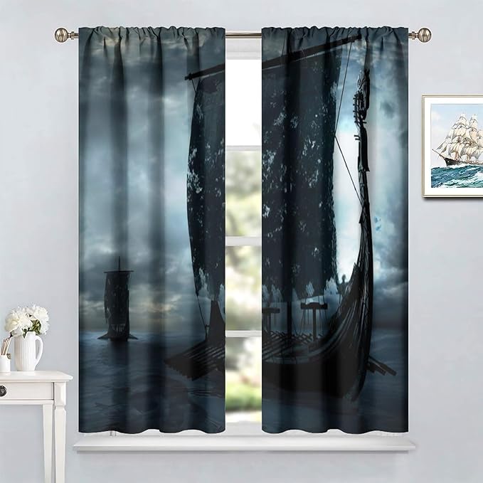 Viking Ship Curtains, Night Scene with Black Vikings Dragon Ship Sailing, Vintage Ancient Scandinavian Nautical Print Blackout Window Drapes for Boys Bedroom Living Room 72x63in