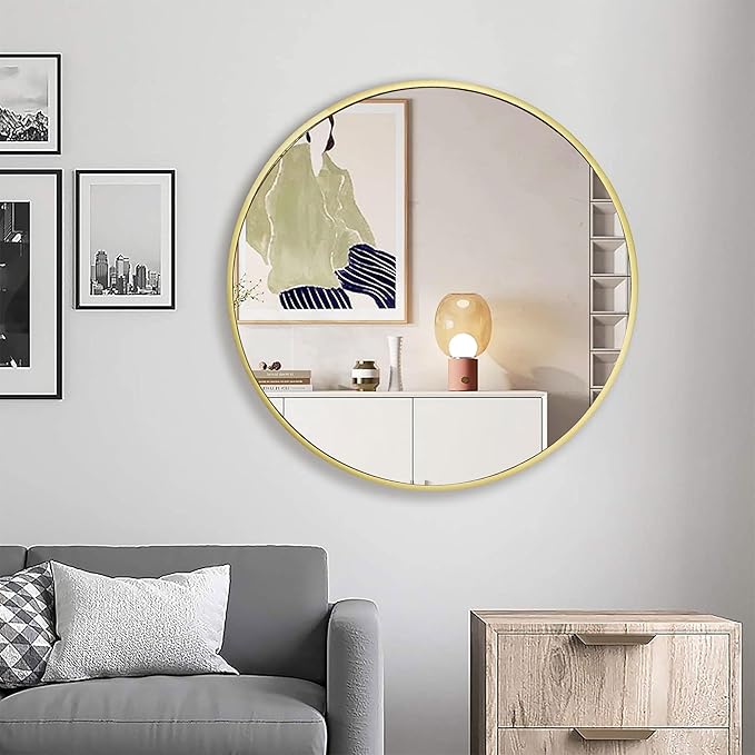 28 inch Gold Frame Mirror for Wall, Brushed Matte Gold Metal Round Mirror for Bathroom Vanity, Bedroom Decor, Living Room, Entryway