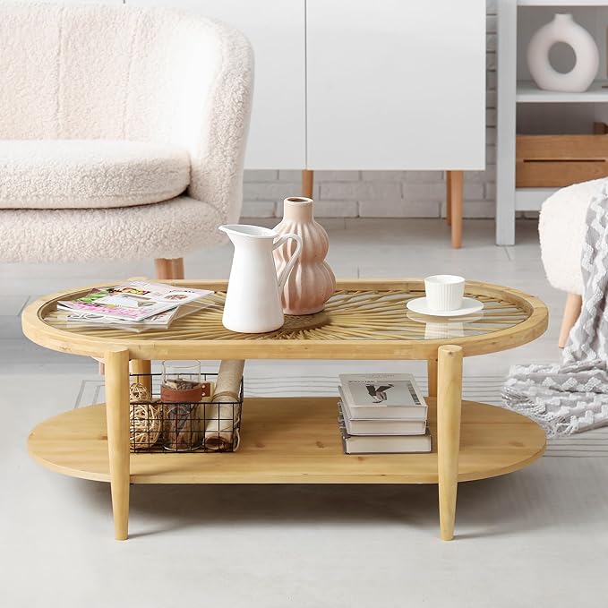 RUSTOWN Rattan Coffee Tables,2-Tier Oval Boho Cocktail Tables, Mid Century Modern Coffee Table with Rattan & Tempered Glass Top and Wood Legs, Sofa Table for Living Room(Natural)