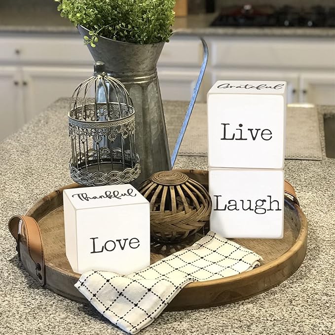 Rustic Home Decor - 4-Sided Wooden Blocks, Home Sweet Home&Thankful Grateful Blessed&Family Believe Faith&Love Live Laugh Sign, Modern Farmhouse Decorations for Shelf Tiered Tray Entryway Coffee Table