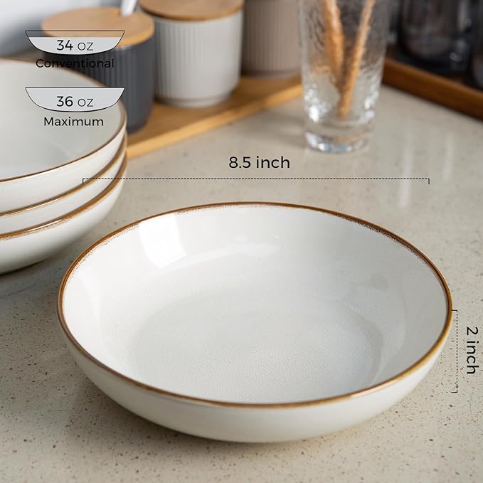 AmorArc 8.5'' Large Pasta Bowls, 36oz Ceramic Salad Serving Bowls Set of 6 for Kitchen, Wide Stoneware Bowls for Pasta,Salad,Fruit,Bread, Microwave Safe, Reactive-Pearl White