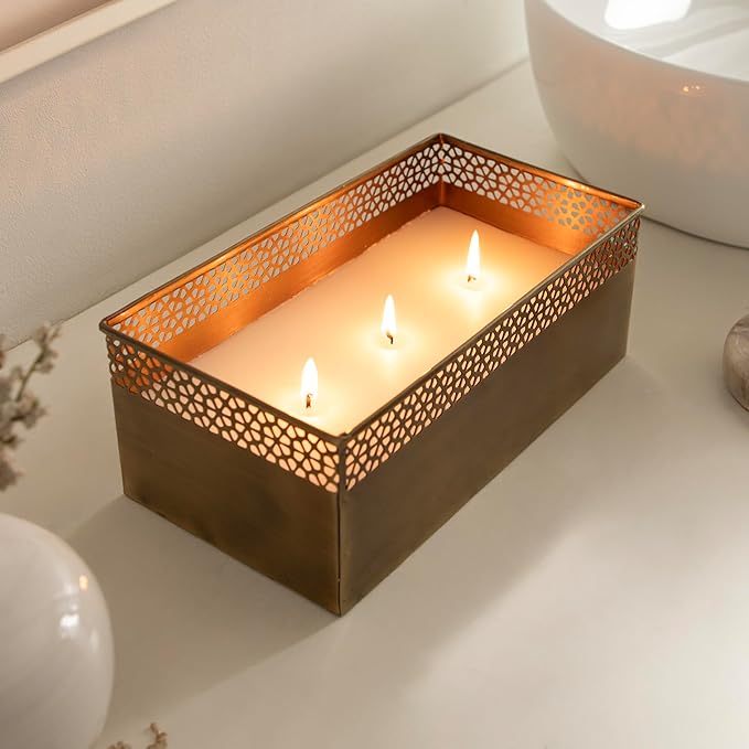 Kate and Laurel Pearce Rectangle Unscented Candle, 11 x 6 x 4, Antique Brass, Large Three-Wick Candle with Decorative Metal Vessel for Living Room Decor