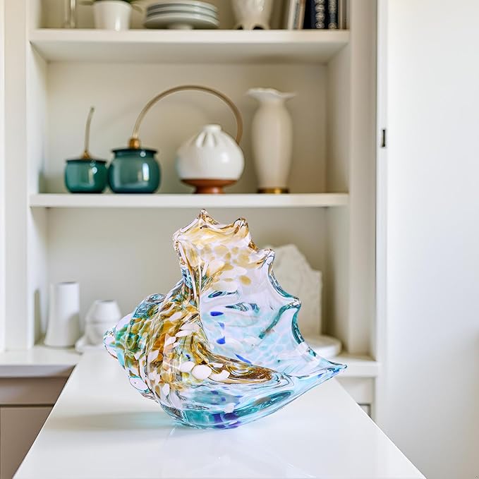 XMGZQ Hand Blown Glass Conch Statue,Sea Glass Art Figurine, Coastal Home Decor with Sea Shells, Living Room TV Stand Above Cabinet,Bookcase,Beach Decoration,Entryway Conch Horn Figurines (Amber)
