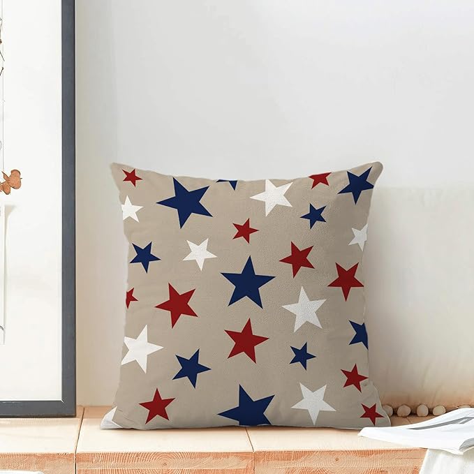 4th of July Pillow Covers 18 x 18 Inch, Red Blue White Patriotic Star Decor Throw Pillows for Couch, Vintage American Flag Independence Day Decorative Pillowcase Linen Cushion Cover Set of 2