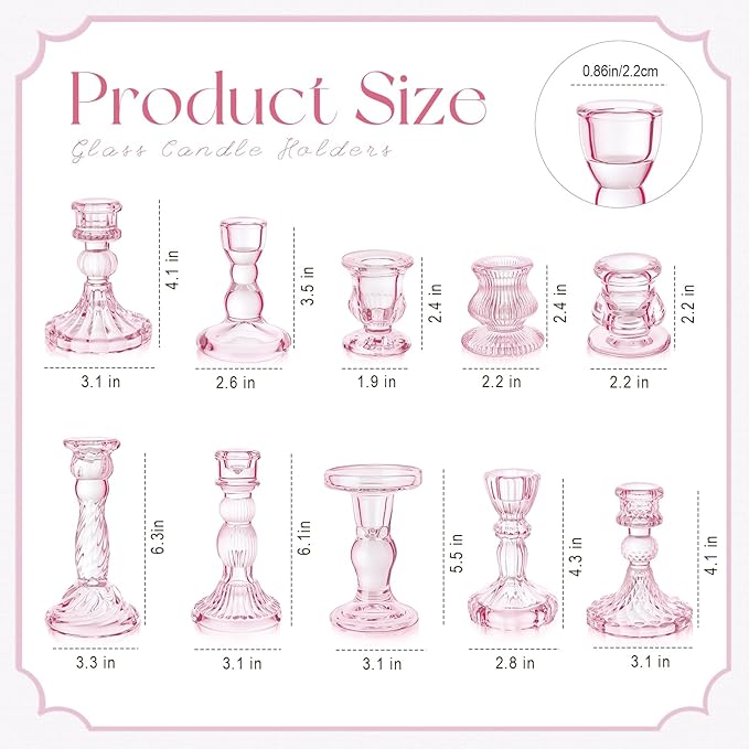 Mumufy 10 Pcs Glass Crystal Taper Candle Holders Clear Glass Candlestick Holder Fit 0.8 Inch Candles Crystal Decorative Candle Stand Centerpiece Table Wedding Dining Party (Classic,Pink)