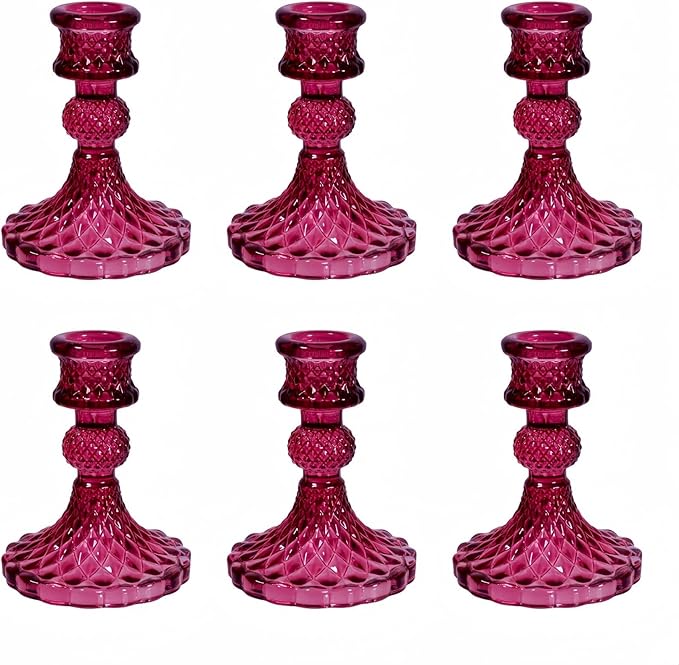 Glass Candlestick Holder,Striped Taper Candle Holders,Set of 6 Candle Stand for Table Centerpieces, Home Decor,Weddings,Festival and Parties (GCH002-Purple Dimond)