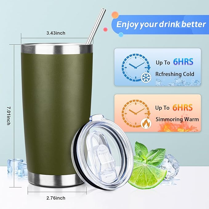 20oz Tumbler with Straw and Brush, Stainless Steel Vacuum Insulated tumbler, Double Wall Insulated Coffee Tumbler for Outdoor, Home, Travel,Office (Army Green,1pcs)
