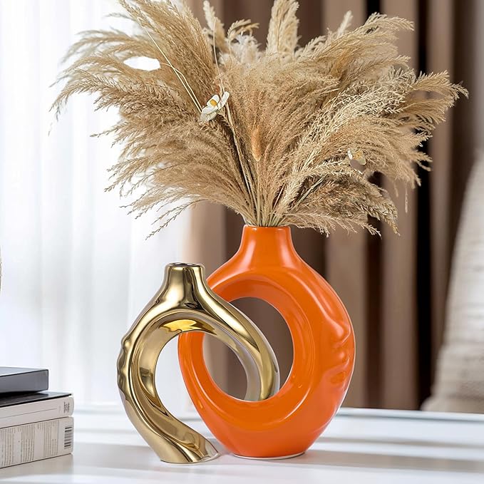 Orange Gold Ceramic Vase Set of 2 for Modern Home Decor,Round Boho Vase for Pampas Grass,Neutral Minimalist Statue for Dining Room Table Centerpiece Dining Room,Wedding Table Decoration