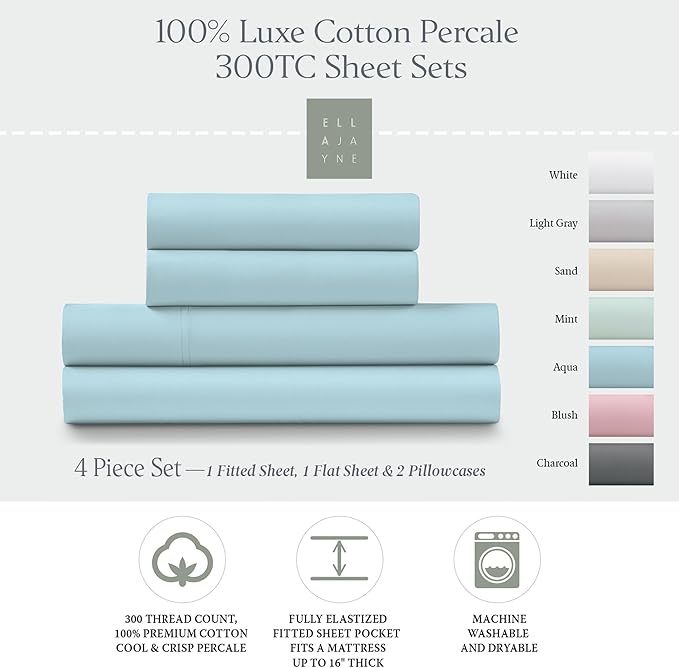 Ella Jayne Percale Sheets Twin (3 Pieces) Permium 100% Cotton Percale TC300, Hotel Luxury Collection, Deep Pockets and Cooling Twin Sheets Set Breathable Cotton Percale (Aqua)