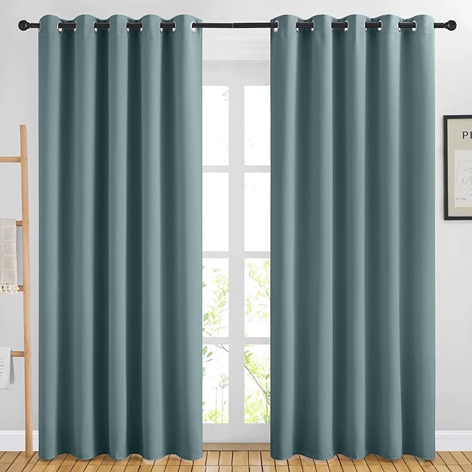 NICETOWN Blackout Greyish Blue Curtains for Sliding Glass Door 2 Panels - Thermal Insulated Grommet Room Darkening Window Drapes Sound Reducing Room Dividers for Living Room (2 Panels, W66 x L84)