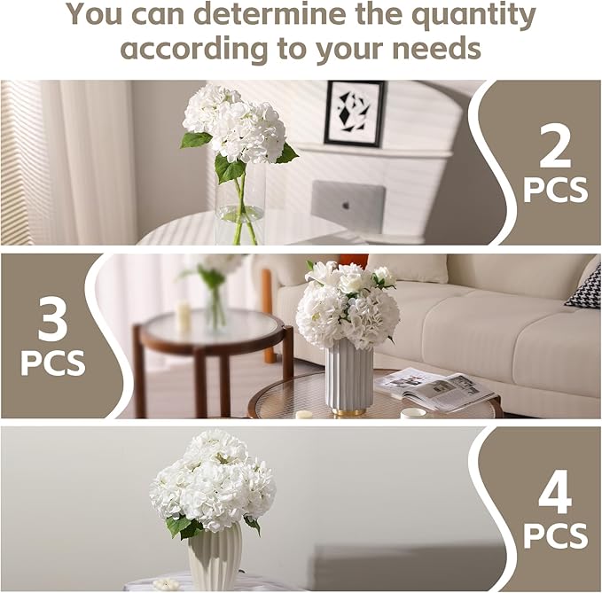 Nubry 22.44In White Hydrangea Artificial Flowers, 3Pcs Latex Faux Real Touch Large Hydrangea Flowers with Long Stems & Leaves for Home Office Decor Wedding Party Arrangements(White)