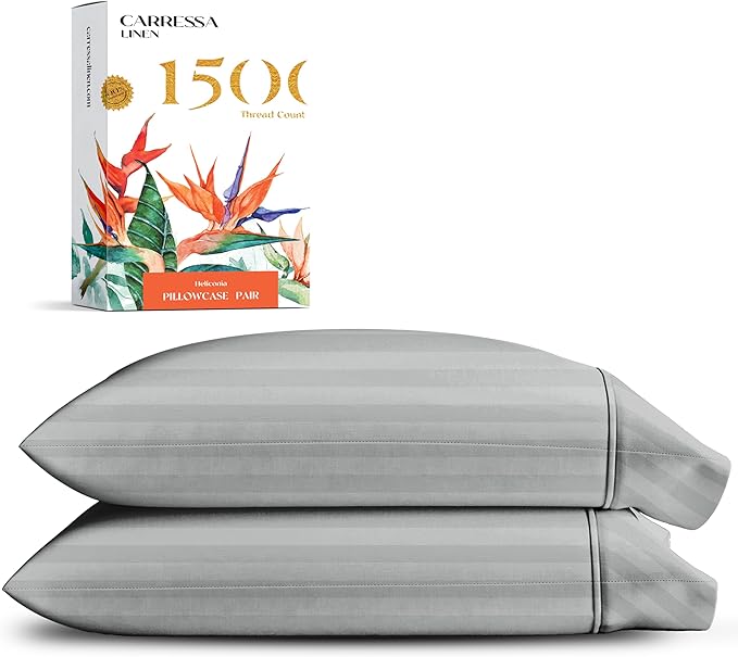 Carressa Linen 100% Egyptian Cotton Pillow Cases King Size Set of 2-1500 Thread Count Sateen Silver Stripe Pillow Covers, Luxury 5 Star Hotel-Quality Pillowcases, Fits King Pillows