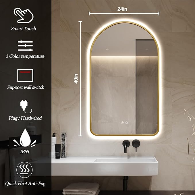40"x24" Arched LED Bathroom Mirror, Wall Mounted Backlit Mirror with Lights Fog Free Lighted Framed Mirror Smart Anti-Fog 3 Color Temperatures Adjustable Brightness Gold