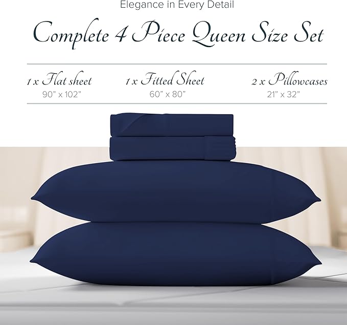 Carressa Linen 100% Egyptian Cotton Sheets Queen Size - 1500 Thread Count 4 PC Queen Sheet Set Egyptian Cotton, Sateen Luxury Sheets Queen Size, High Thread Count Sheets, 19" Deep Pocket - Navy Blue