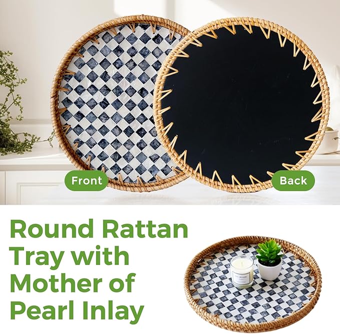 13.8 in Round Rattan Tray with Mother of Pearl Inlay, Wicker Serving Tray Mother for Decor, Rattan Round Wicker Coffee Table Tray for Coffe Friut Bread Checkerboard
