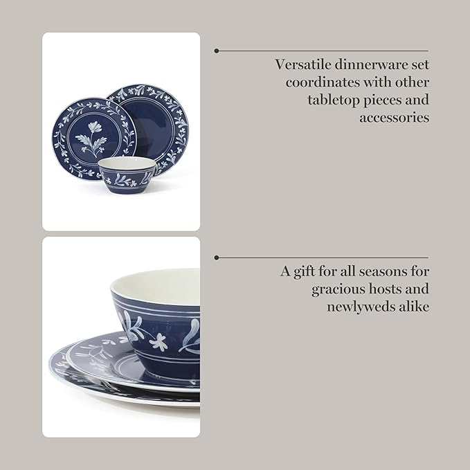 Martha Stewart Maiden Crown 12-Piece Sky Blue Dinnerware Set – Vegan Bone China Ceramic Plates & Bowls – Floral Design – Service for 4 – Microwave & Dishwasher Safe