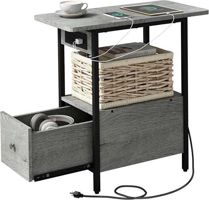 LIDYUK End Table with Charging Station, Narrow Side Table with Drawer and USB Ports & Power Outlets, Nightstand Bedside Tables for Small Spaces, Bedroom, Living Room, Light Grey