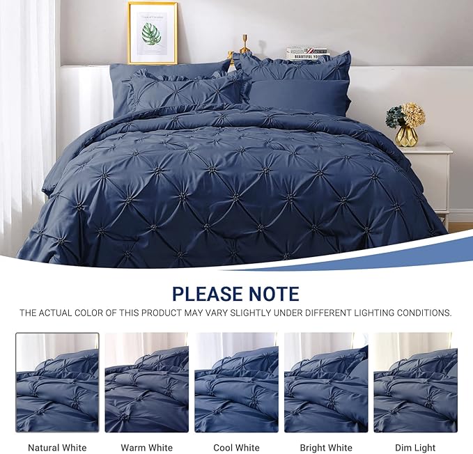 JOLLYVOGUE Navy Blue Cal King Size Comforter Sets 7 Pieces, Pintuck Bed in a Bag Comforter Set for Bedroom, Bedding Comforter Sets with Comforter, Sheets,Ruffled Shams & Pillowcases