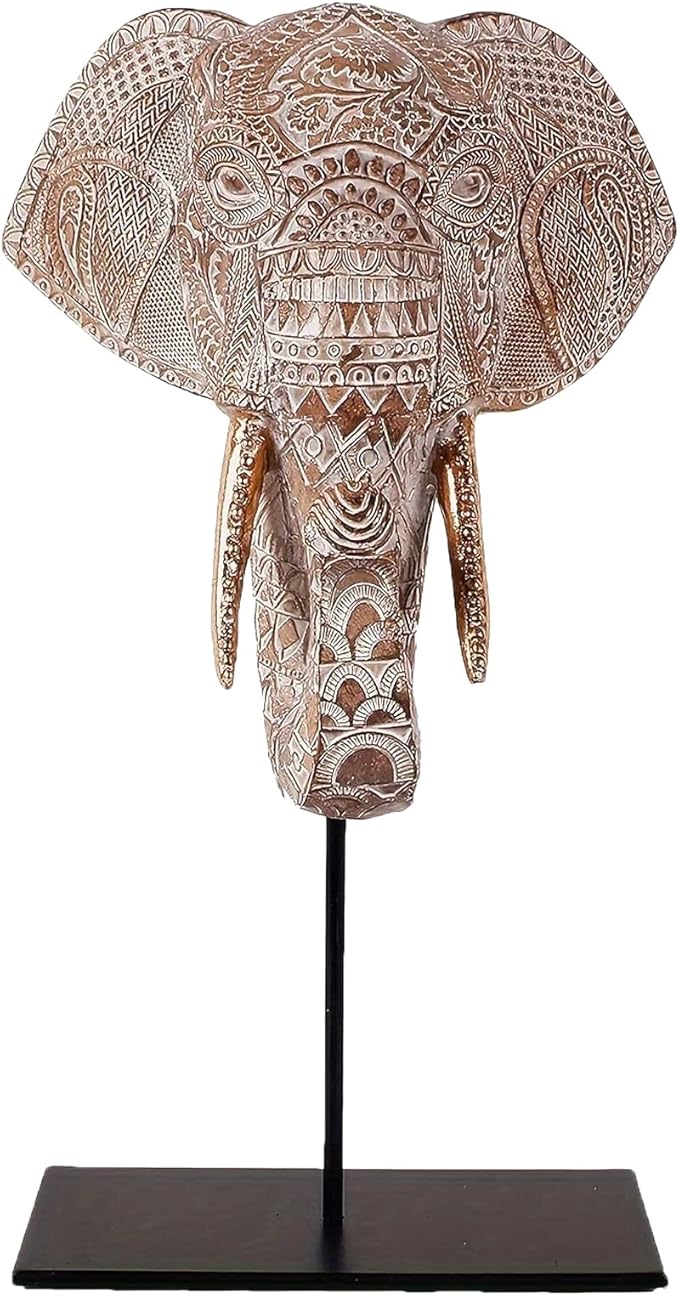 Elephant Head Statues Elephant-Shaped Decor Home Living Room Decor Sculpture Shelf Decorations Ornaments Office Figurine Desktop Accent Aesthetic Collectibles (White-Brown)