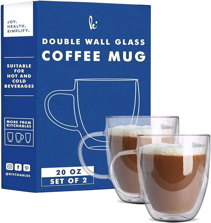 Kitchables Double Walled Glass Coffee Mugs Set of 2, 20oz Insulated Glass Coffee Mugs for Cappuccino, Latte, Tea, Espresso - Latte cup - Tazas Para Cafe